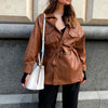 Leather jacket thinned lace waist PU leather long-sleeved dress