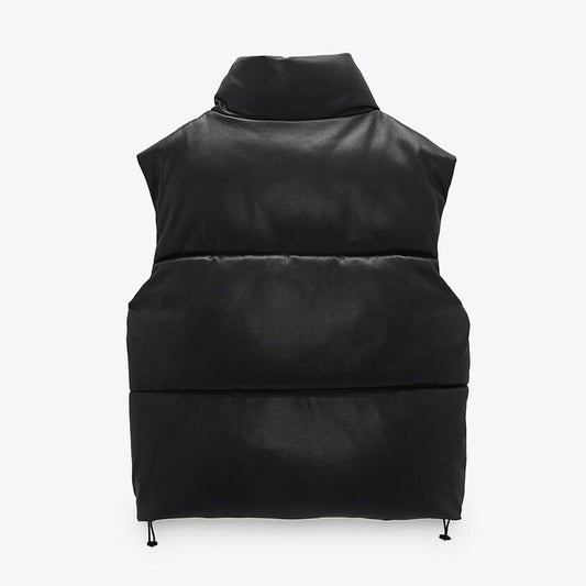 Black Cotton Vest With Sleeveless Stand-up Collar And Side Pockets