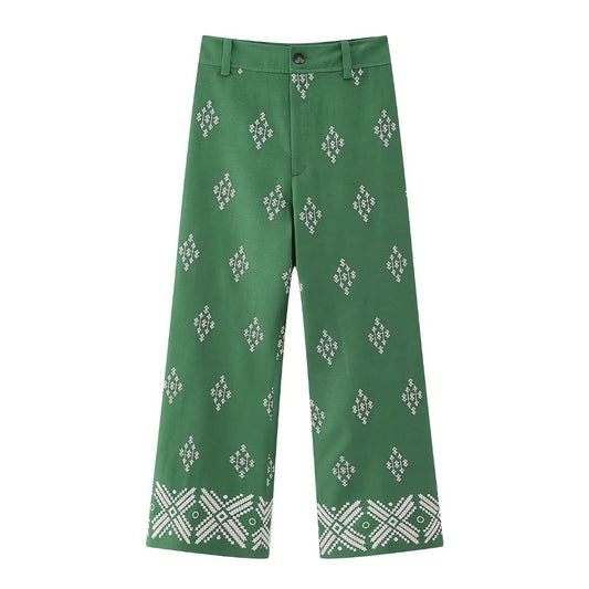 Geometric Embroidery Wide Leg Straight Casual Pants