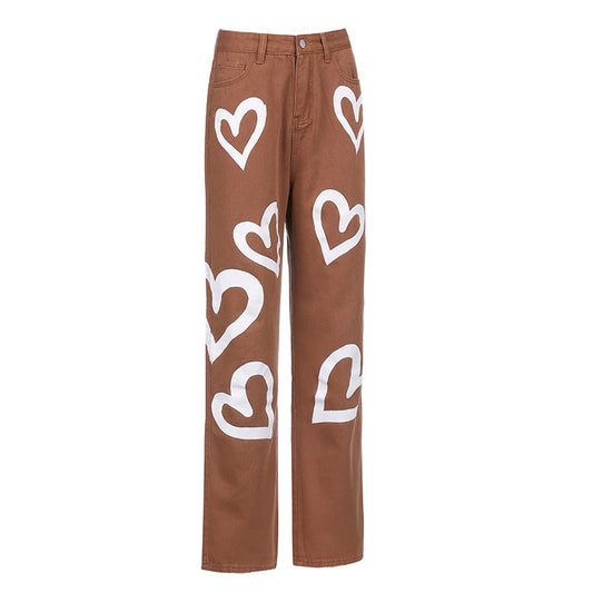 Wide-leg Jeans Women's Love Print Straight Loose