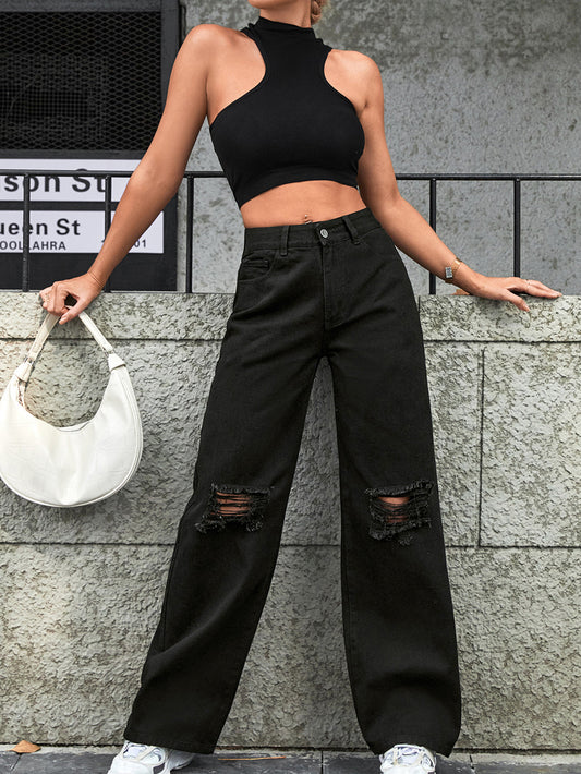 Fashion Holes High Waist Wide Leg Pants Casual Denim Trousers