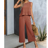 Women's Sleeveless Shirt Wide Leg Cotton And Linen Cropped Pants Set