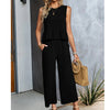 Women's Sleeveless Shirt Wide Leg Cotton And Linen Cropped Pants Set