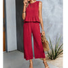 Women's Sleeveless Shirt Wide Leg Cotton And Linen Cropped Pants Set