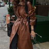 Retro Niche Lapel Waist Belt Single-breasted Long Leather Trench Coat