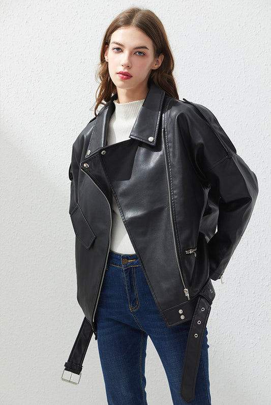 Women Loose Belt Casual Bike Jacket