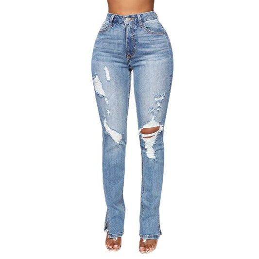 Split Jeans Women's, Blue Water Washed Hole High Waist