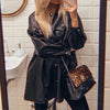 Leather jacket thinned lace waist PU leather long-sleeved dress