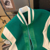 Green Woolen Pu Leather American Retro Casual Jacket Top