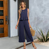 Women's Sleeveless Shirt Wide Leg Cotton And Linen Cropped Pants Set