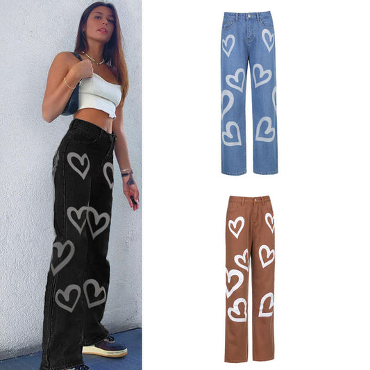 Wide-leg Jeans Women's Love Print Straight Loose