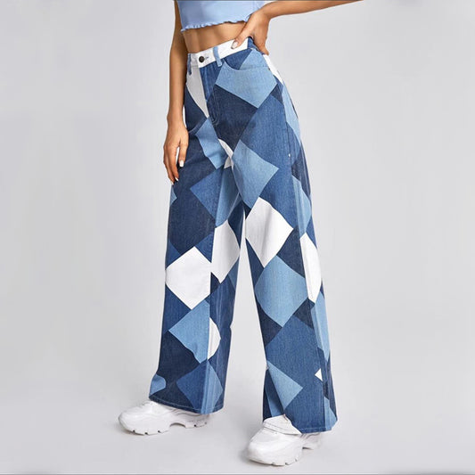 Printed Denim Trousers With High Waist And Large Cylinder