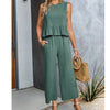 Women's Sleeveless Shirt Wide Leg Cotton And Linen Cropped Pants Set