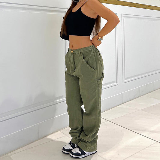 Women's Denim Straight High Waist Stitching Multi-pocket Trousers