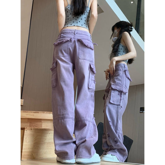 Summer Retro Hot Girl Sweet Cool Style Purple Washed Distressed Straight Wide Leg Jeans For Women